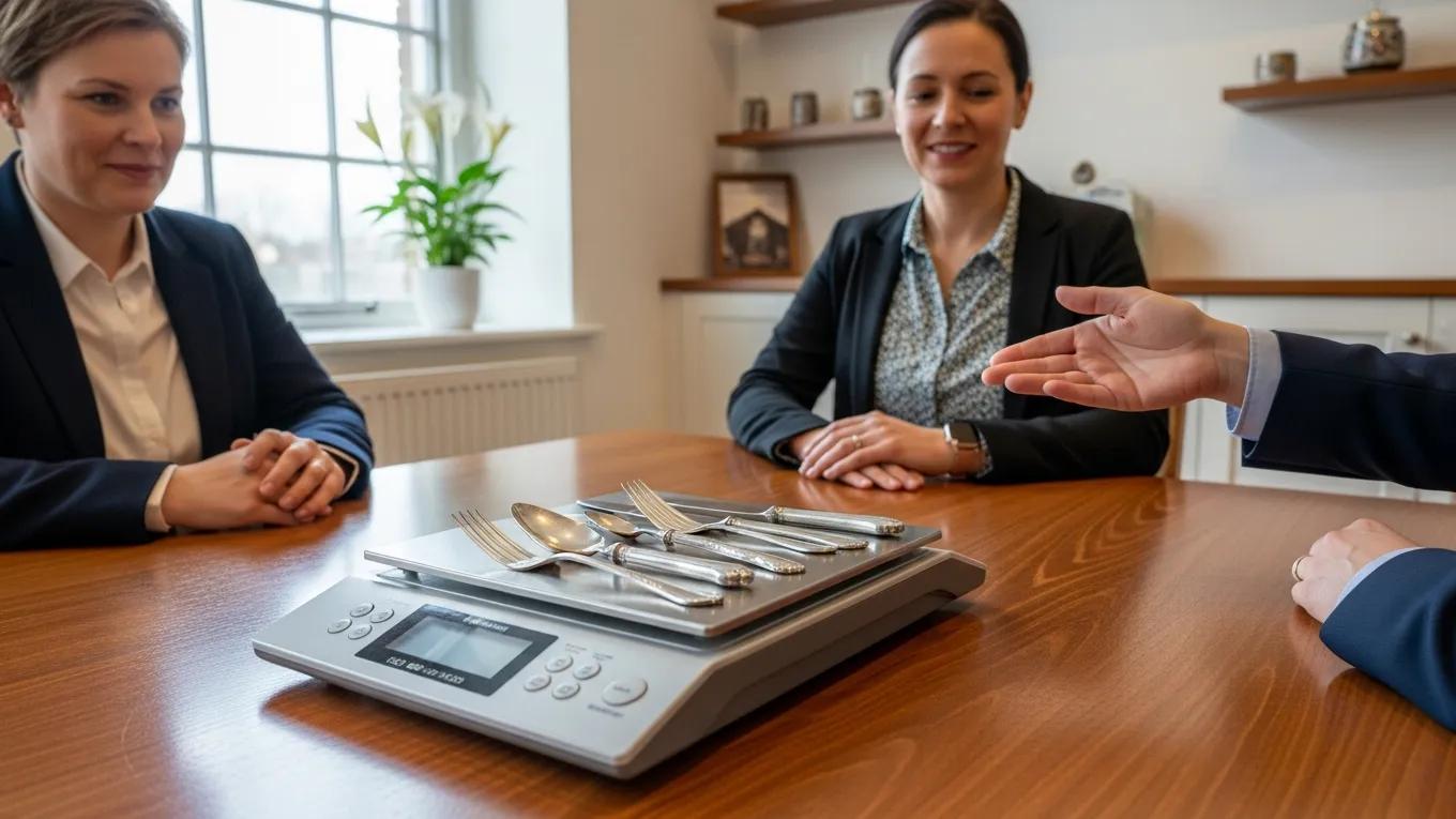 A person weighing sterling silver cutlery during an appraisal process, reflecting transparency and professionalism
