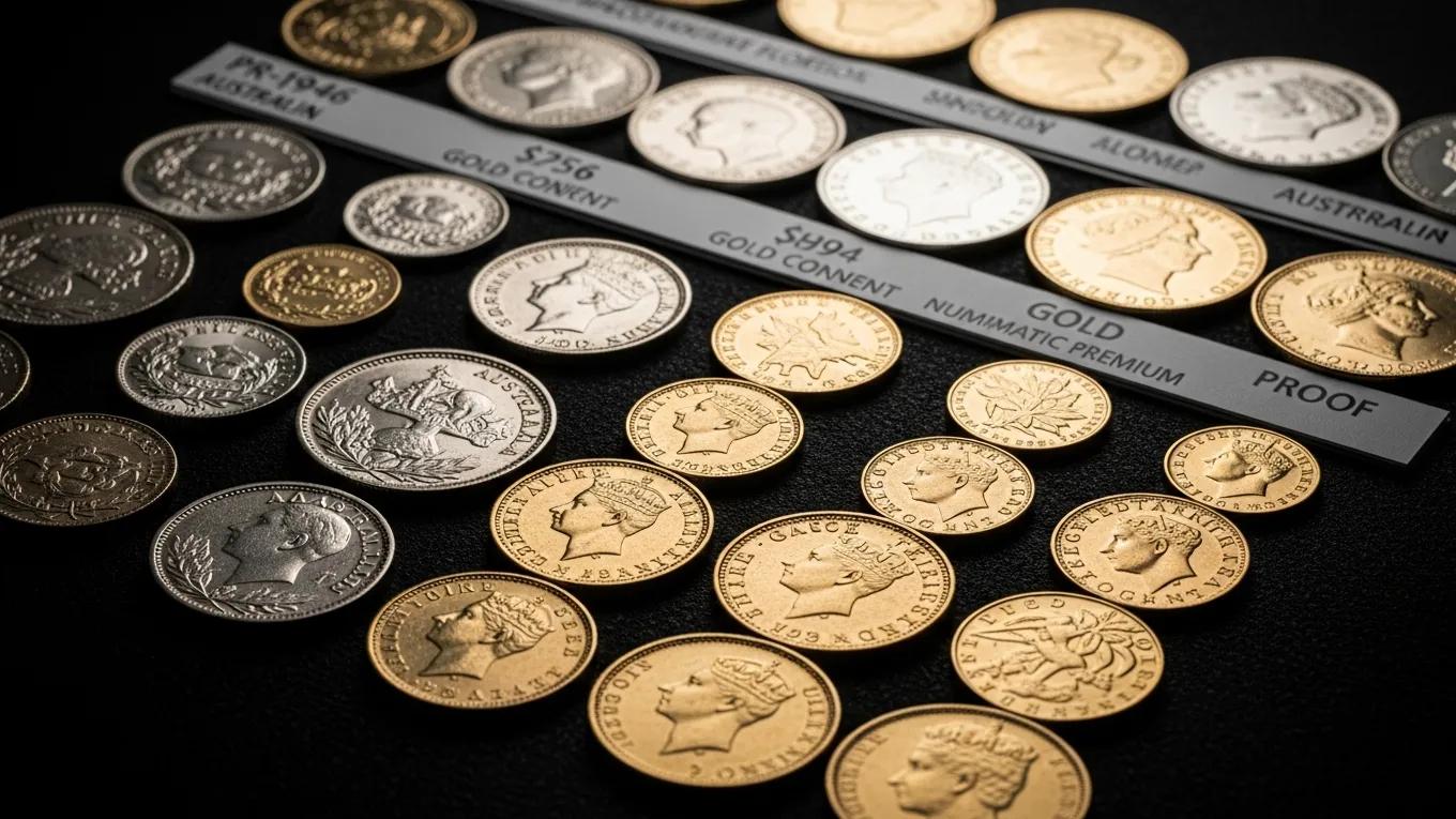 Assorted gold and silver coins for valuation, representing mixed collections and price determination factors