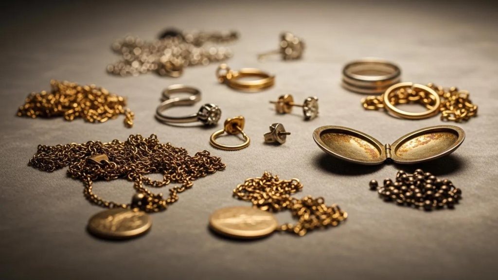 Collection of gold and silver jewellery pieces including tangled chains and broken rings