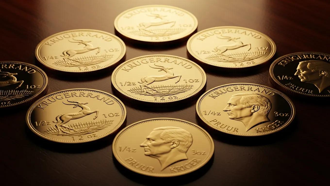 Different sizes of Krugerrand coins highlighting their 22ct gold content and market significance