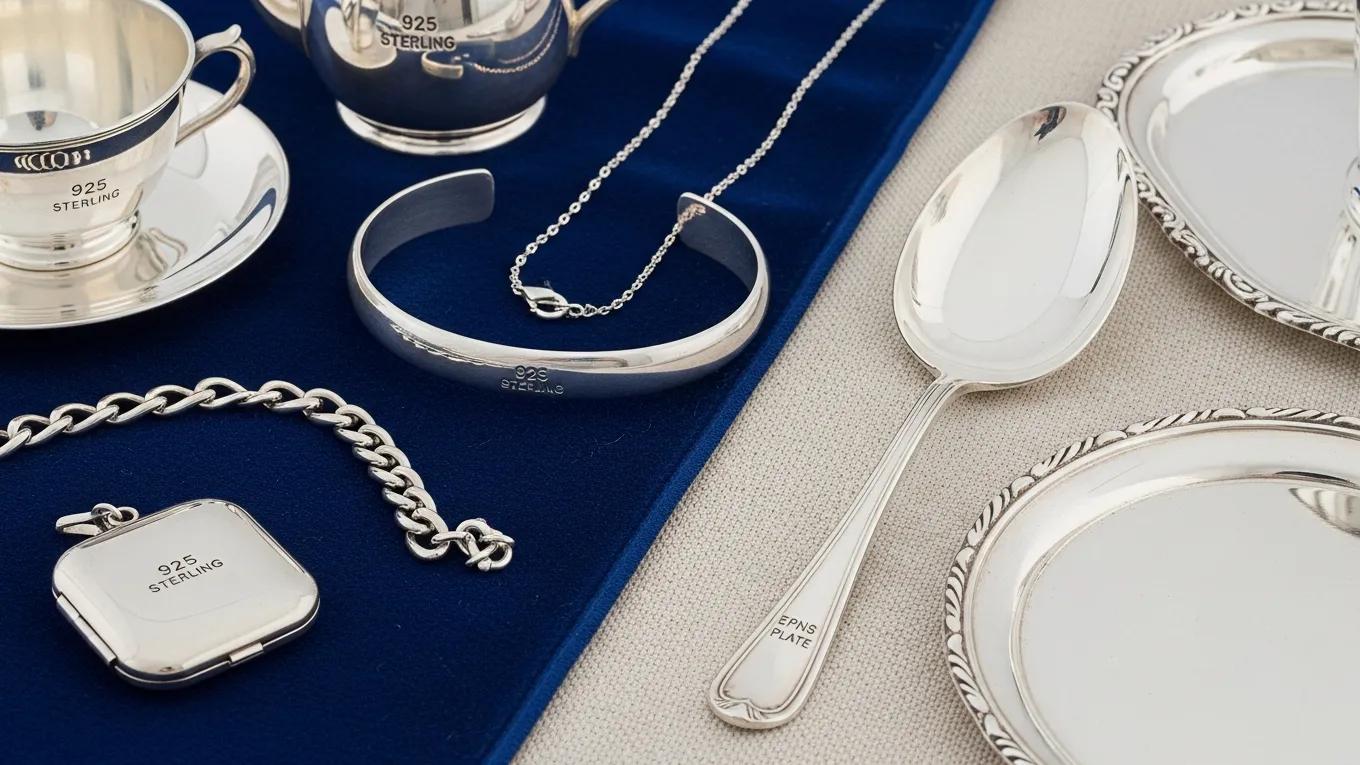 Different sterling silver flatware pieces showcasing hallmark stamps alongside silver-plated examples for identification