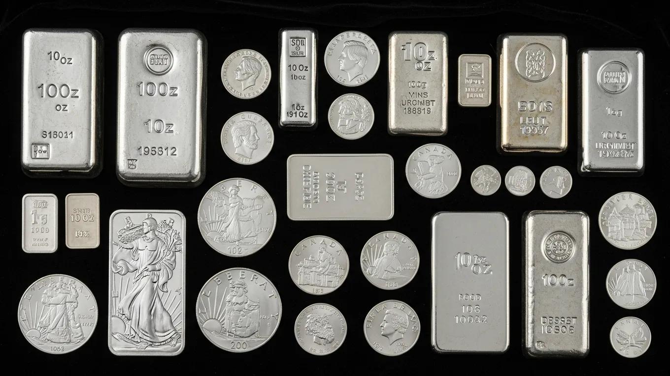Display of various silver bullion bars and coins highlighting their intrinsic value and diversity