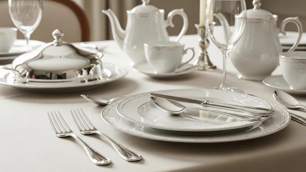 Elegant sterling silver cutlery set displayed on a dining table showcasing its value and beauty