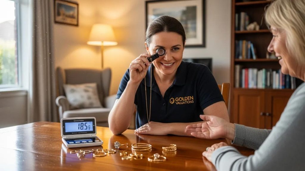 Friendly gold buyer assessing gold pieces in a home setting, highlighting the personal touch of mobile evaluations