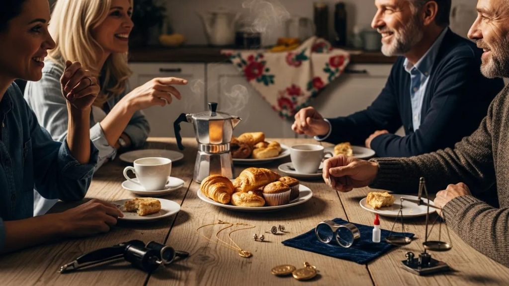 Friendly gold party scene with coffee and guests discussing gold selling in Adelaide