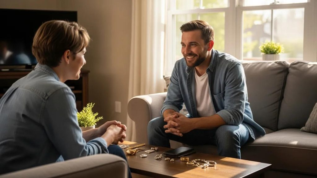 Friendly mobile gold buyer engaging with a seller in a home setting