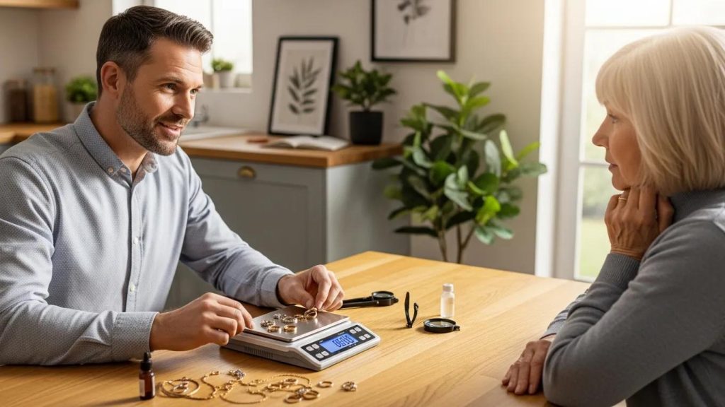 Gold buyer weighing gold items at a kitchen table with a seller