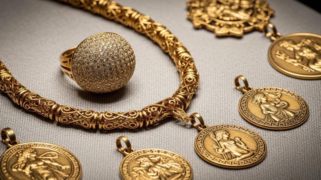 A captivating display of Italian and Greek heirloom jewellery featuring intricate gold pieces like bombe rings and Byzantine chains