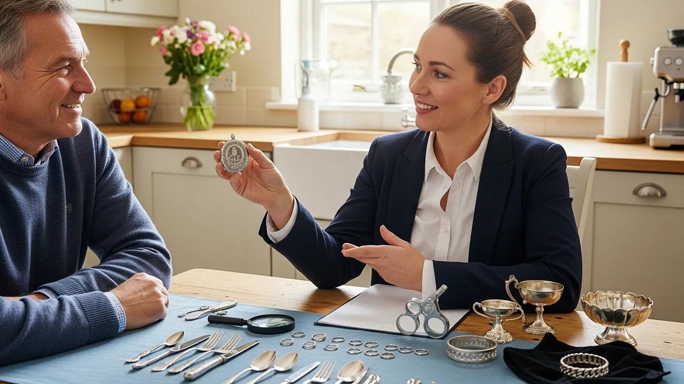 In-home consultation showcasing a valuator discussing sterling silver items with a seller at a kitchen table