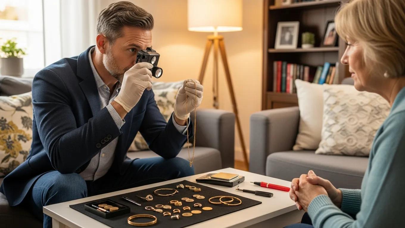 Mobile gold buyer evaluating gold pieces in a seller's home