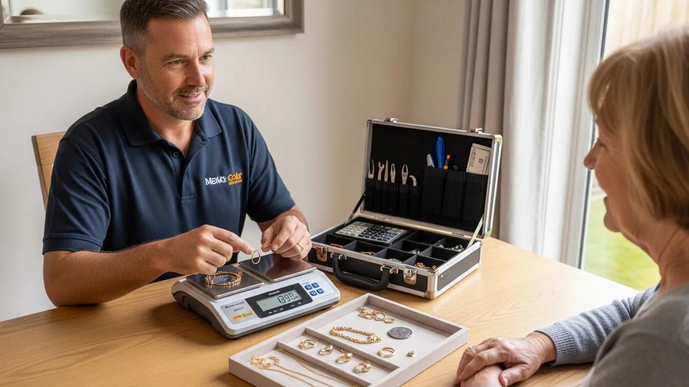 Mobile gold buyer weighing gold items at a home valuation, demonstrating a transparent and personal approach