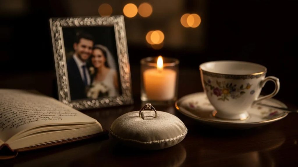 Nostalgic scene of a wedding ring with personal mementos, symbolizing the emotional journey of selling