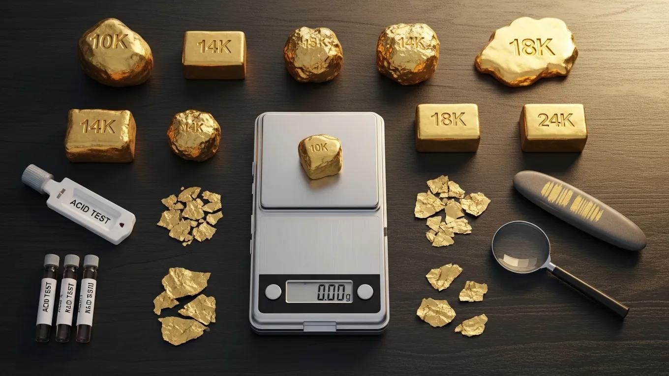 Various gold items displaying karat values and a calibrated scale, illustrating the process of gold valuation