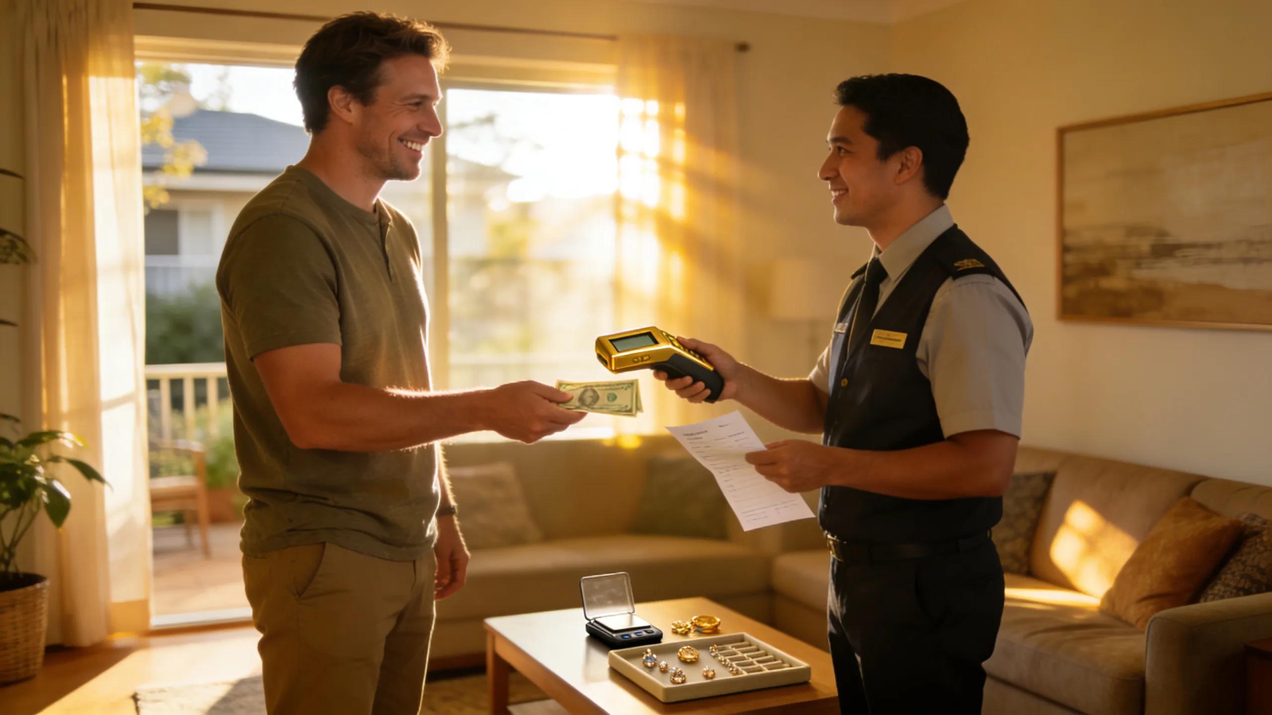 Customer receiving cash for gold after valuation in a Glenelg home, showcasing immediate payment