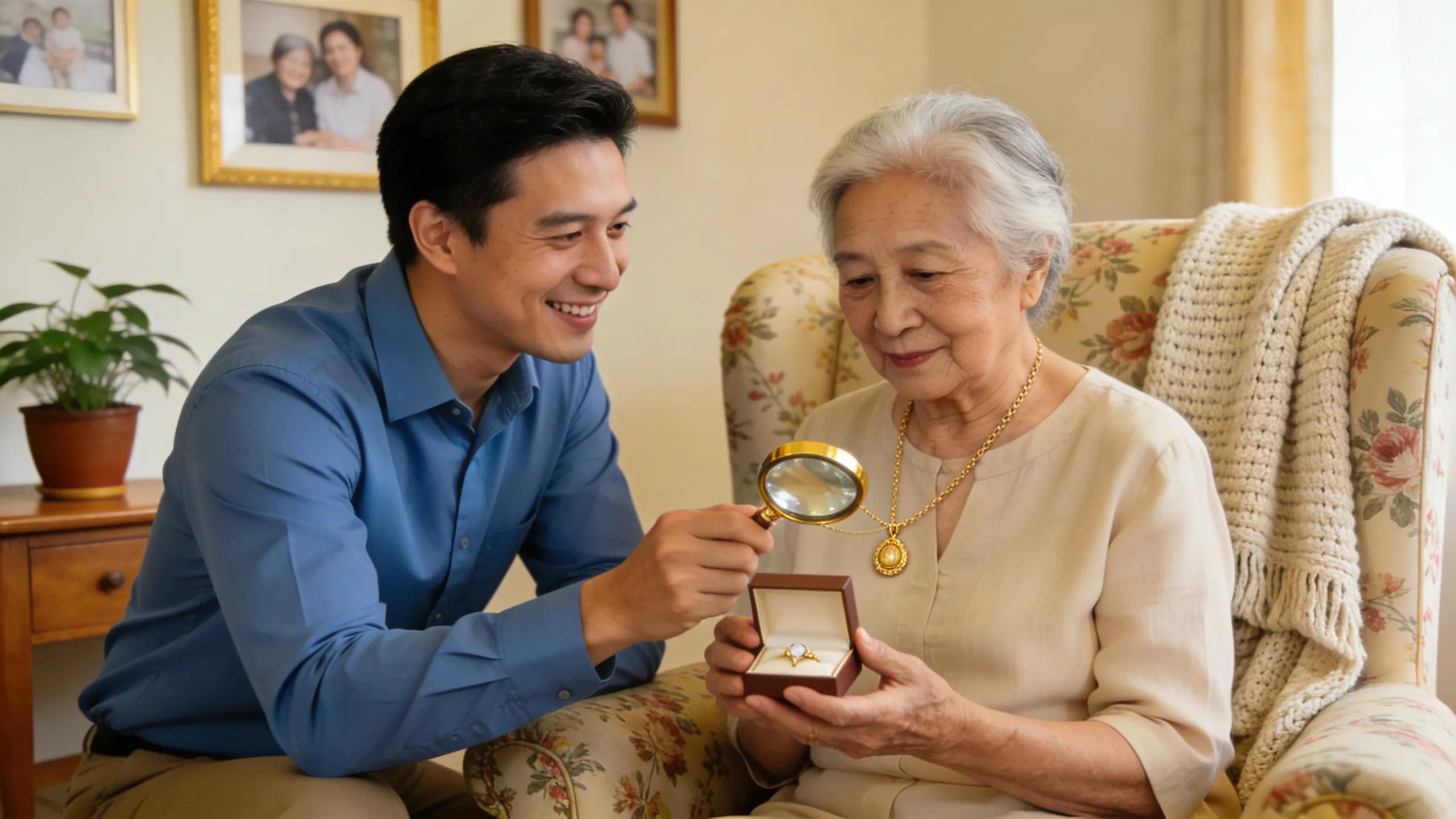 Elderly seller getting a gold appraisal from a mobile gold buyer at home, showcasing personal service and comfort