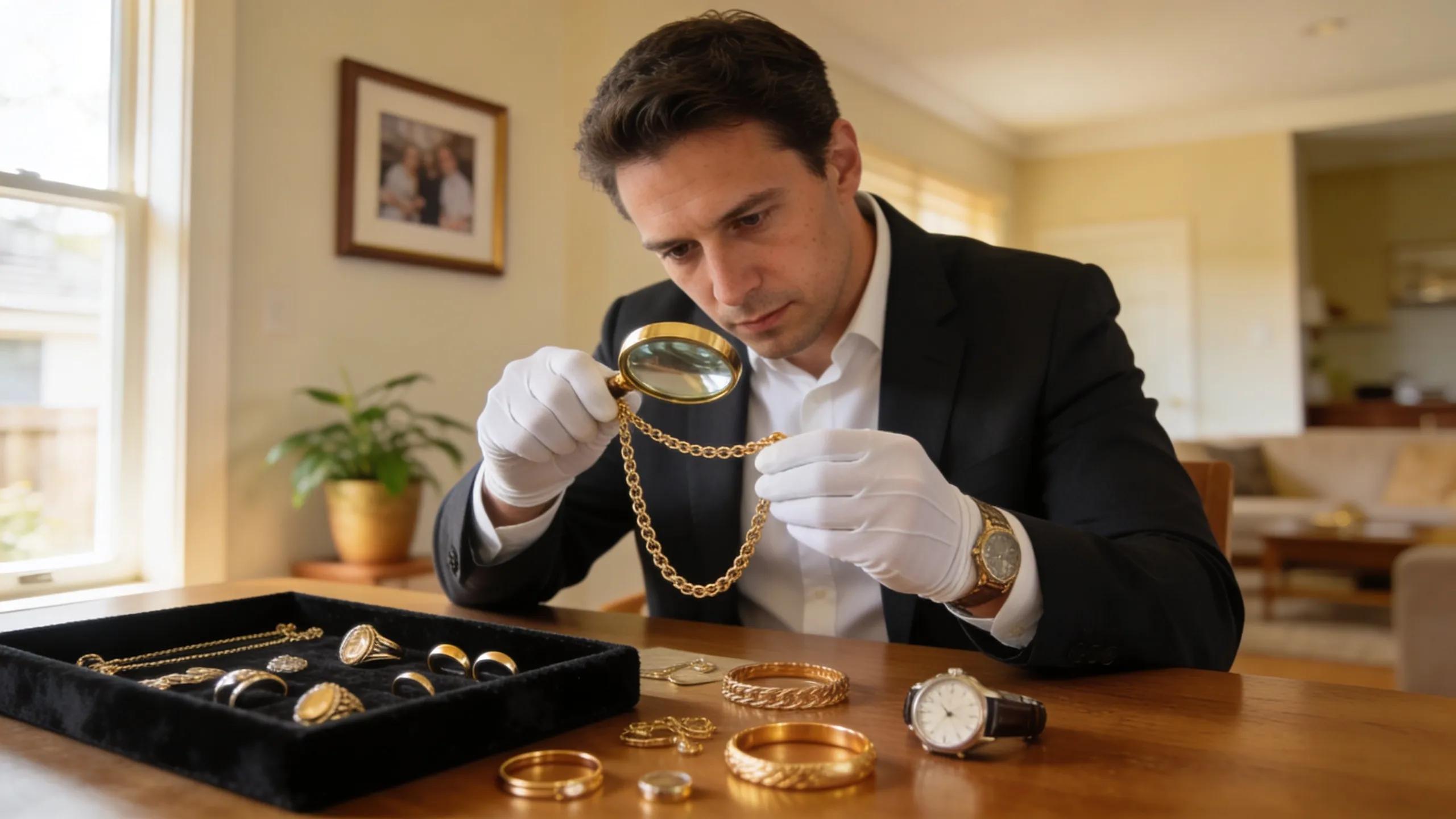 Mobile gold buyer assessing gold items in Glenelg home, illustrating the valuation process