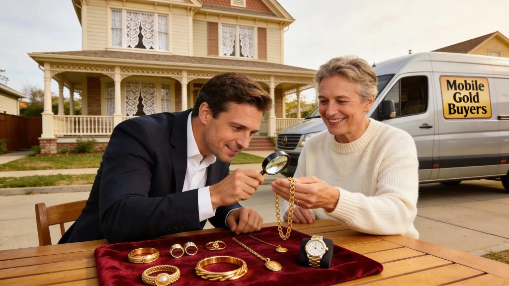 Mobile gold buyer evaluating jewellery at a home in Norwood highlighting trust and convenience