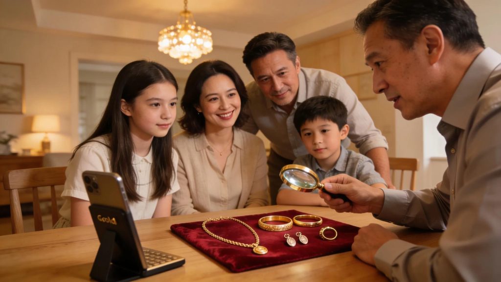 Family engaging with a mobile gold buyer in a comfortable home environment focusing on gold valuation