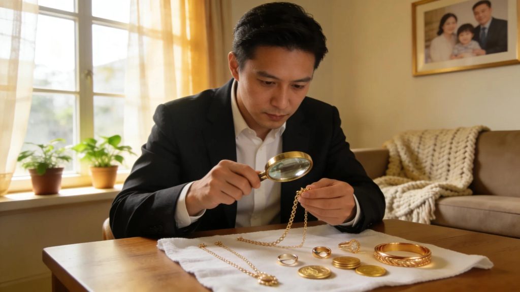 Home gold appraisal showcasing a professional evaluating gold jewellery and coins in a warm living room setting