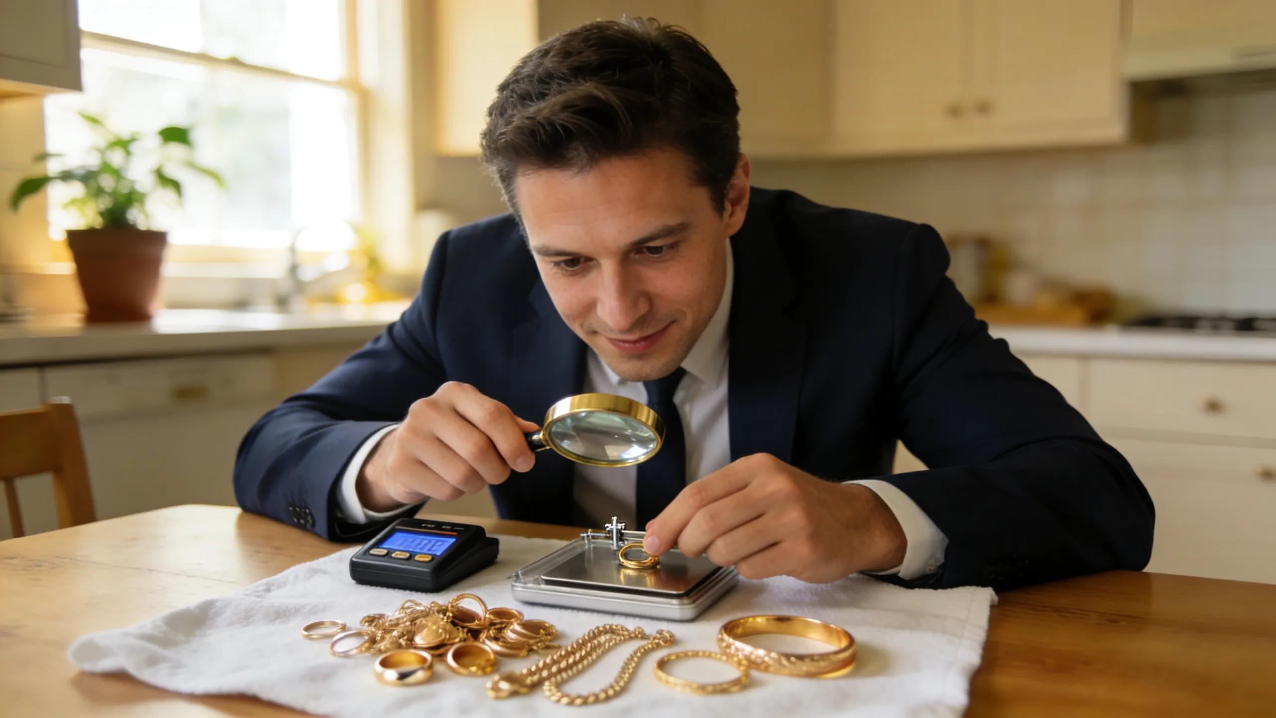 Mobile gold buyer conducting a kitchen-table valuation for clients in Prospect