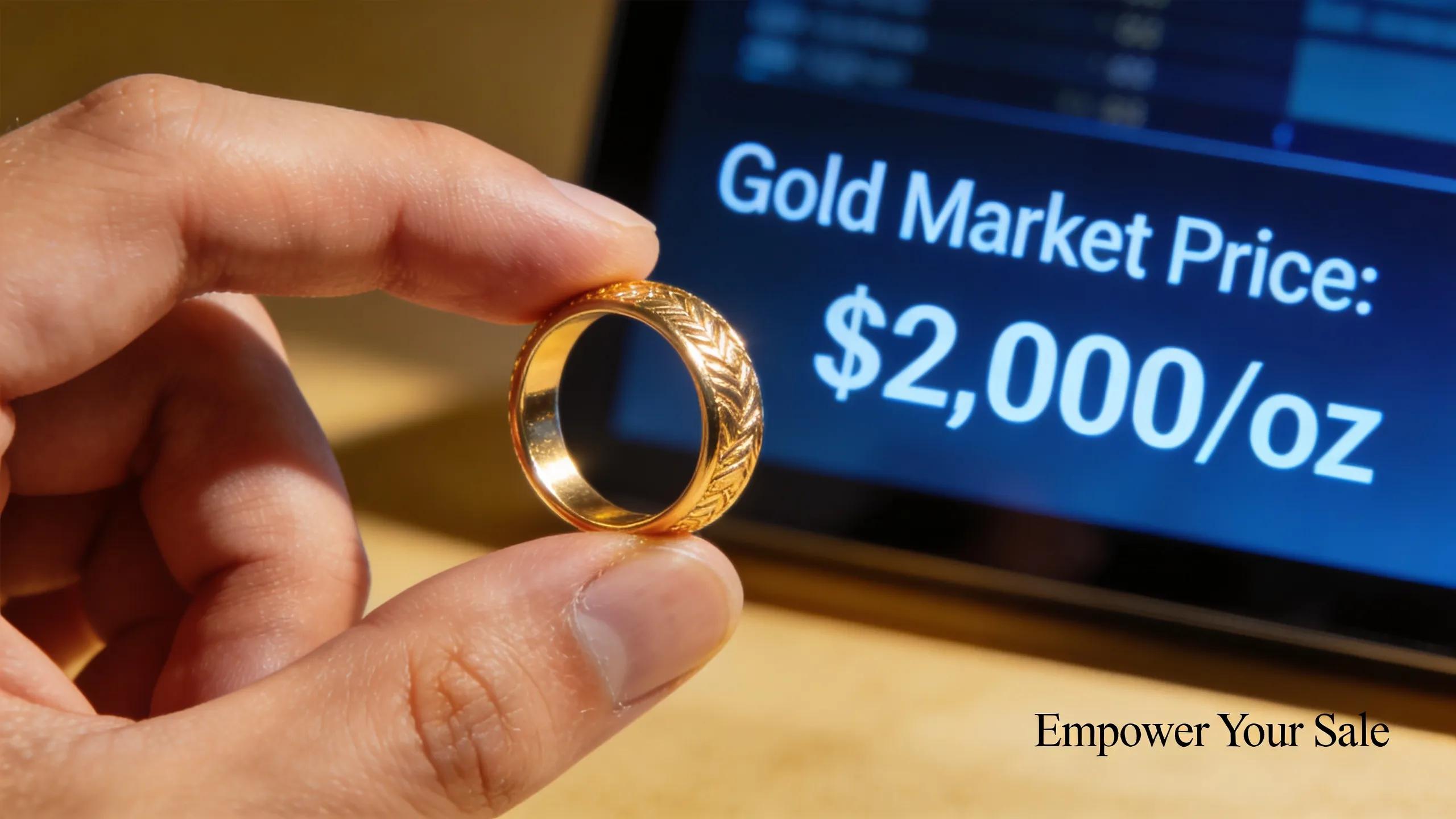 Close-up of a hand holding a gold ring with digital market prices displayed in the background