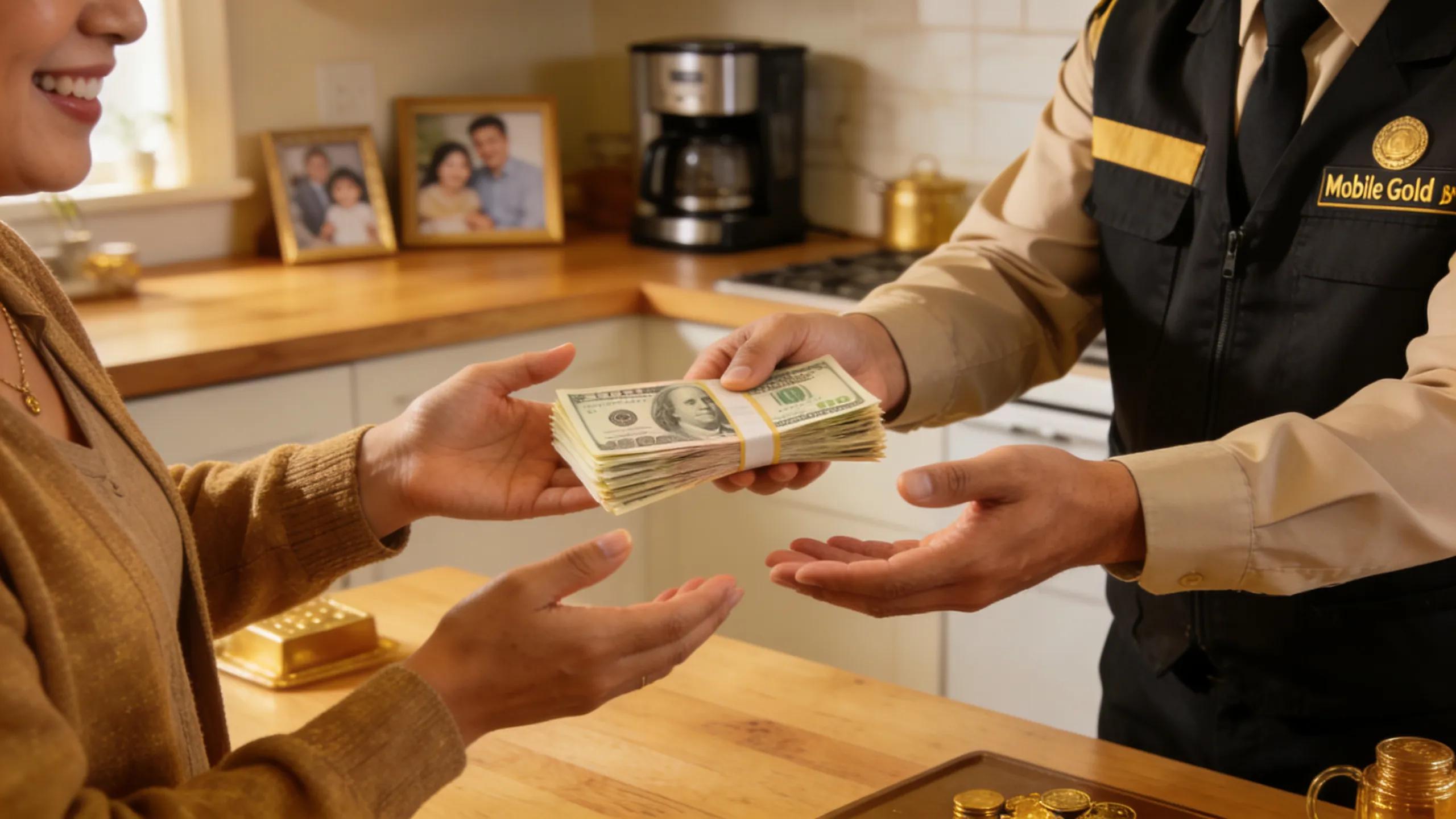 Mobile gold buyer handing cash to a client after gold sale