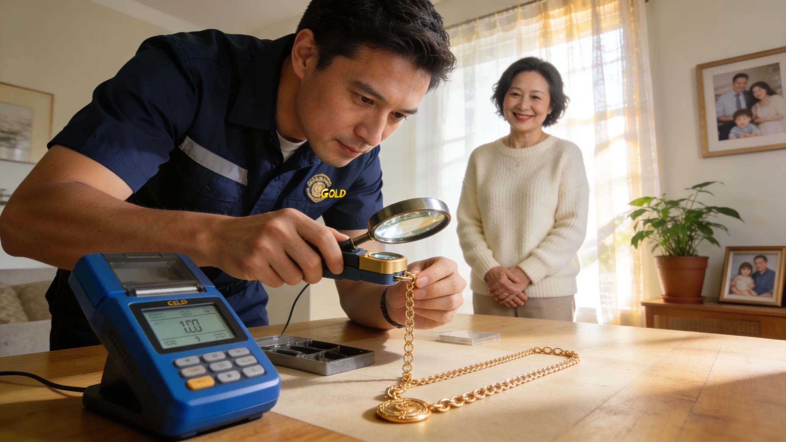 Mobile gold buyer assessing jewellery in an at-home valuation