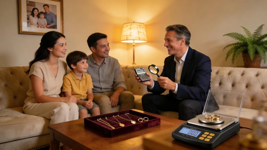 Family discussing gold valuation in a cozy living room in Prospect