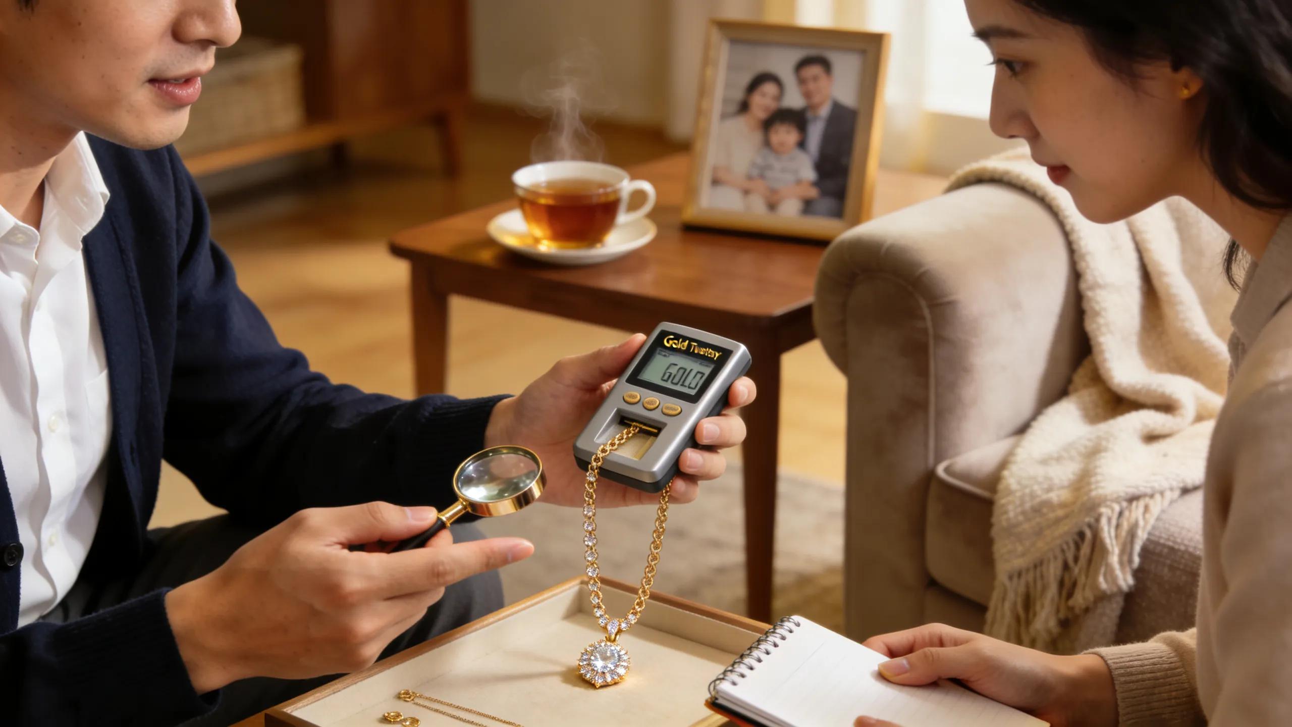 Evaluator testing the purity of gold jewellery during a mobile valuation