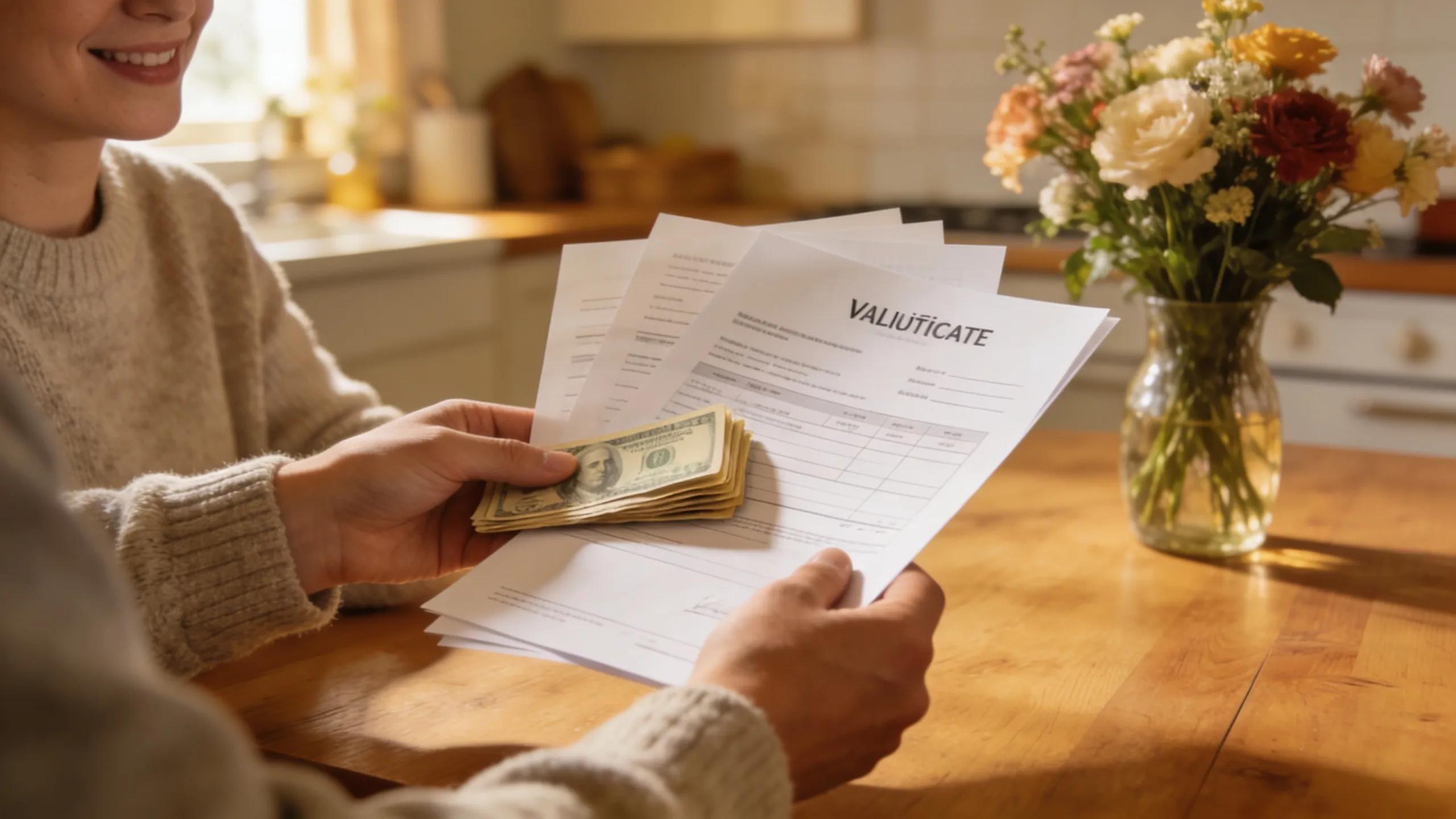 Transaction receipts and cash being exchanged during a home gold selling process, emphasizing trust and transparency