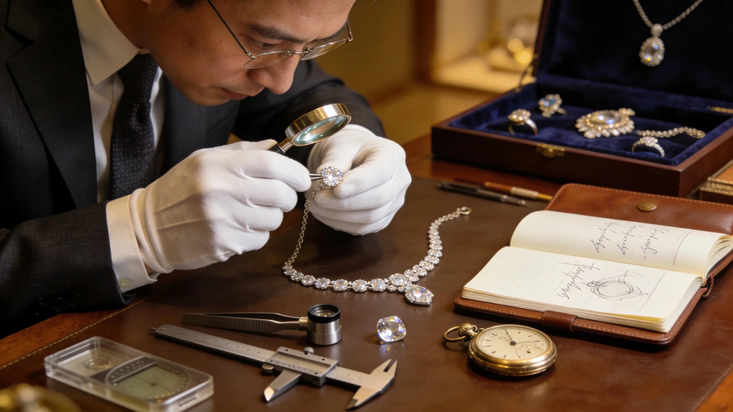 Professional appraiser evaluating estate jewellery in a detailed and careful manner during a valuation