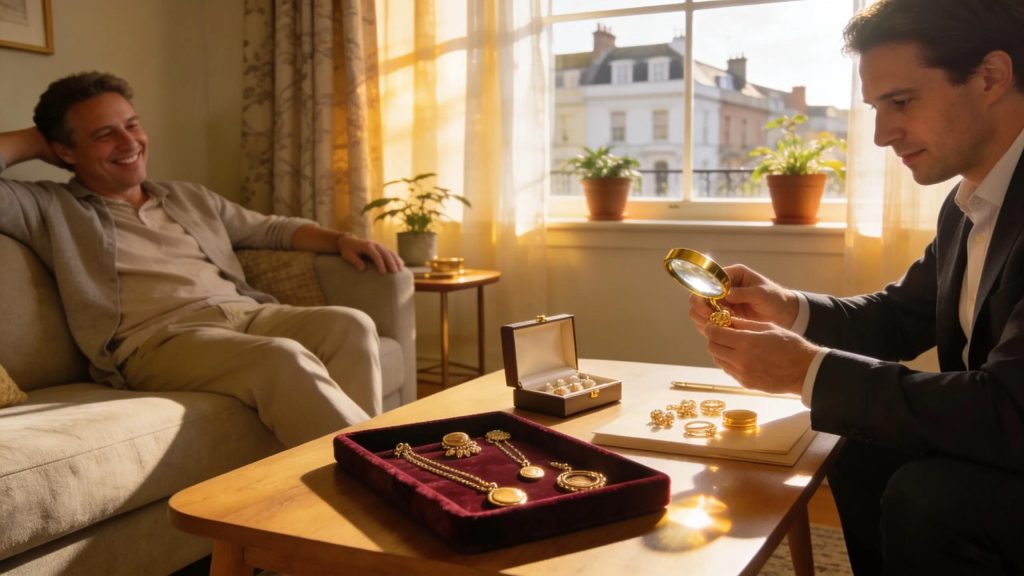 Mobile gold valuation at home with a professional appraiser and homeowner in a cozy Brighton setting