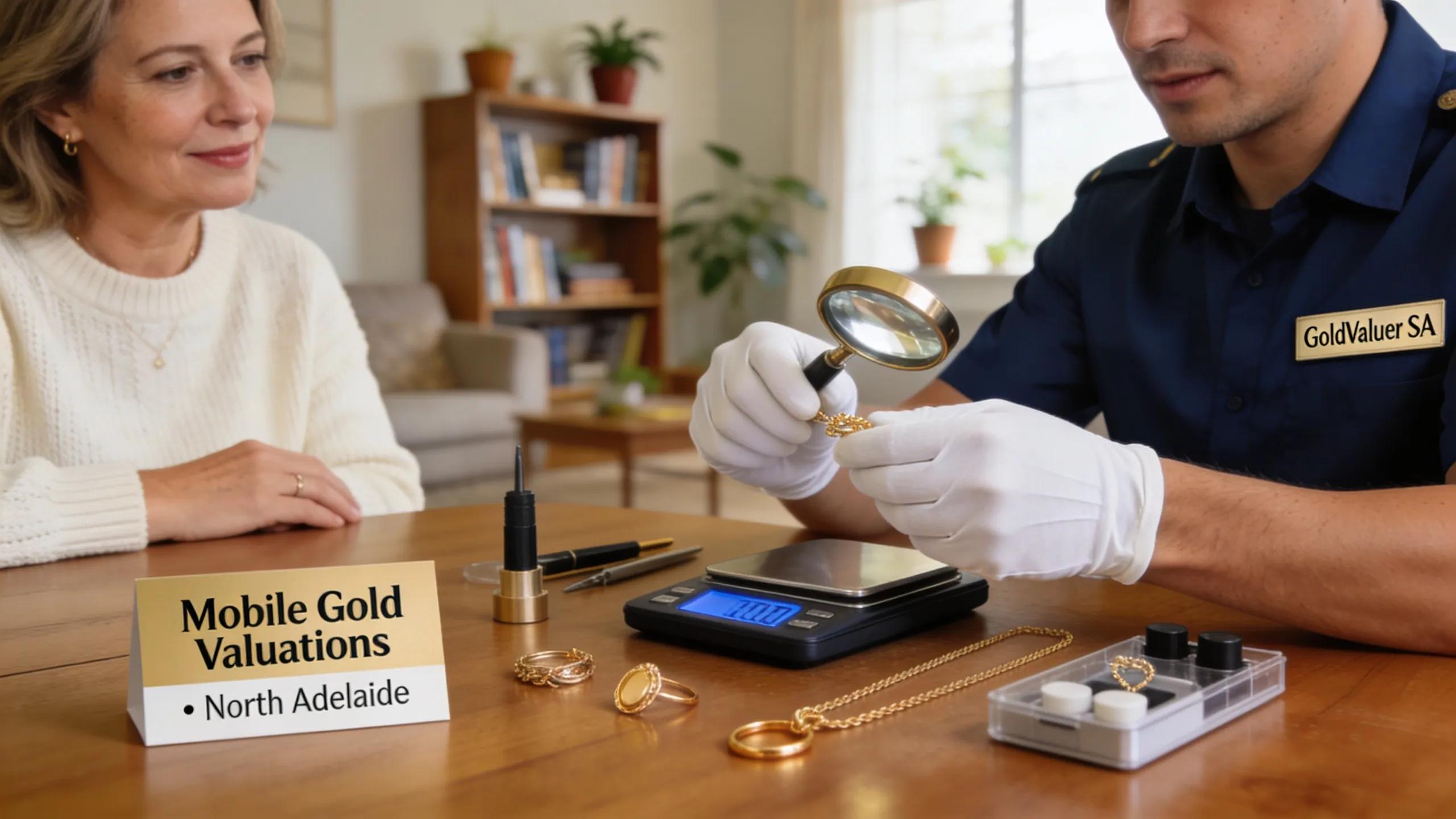 Mobile gold expert evaluating jewellery at a home in North Adelaide