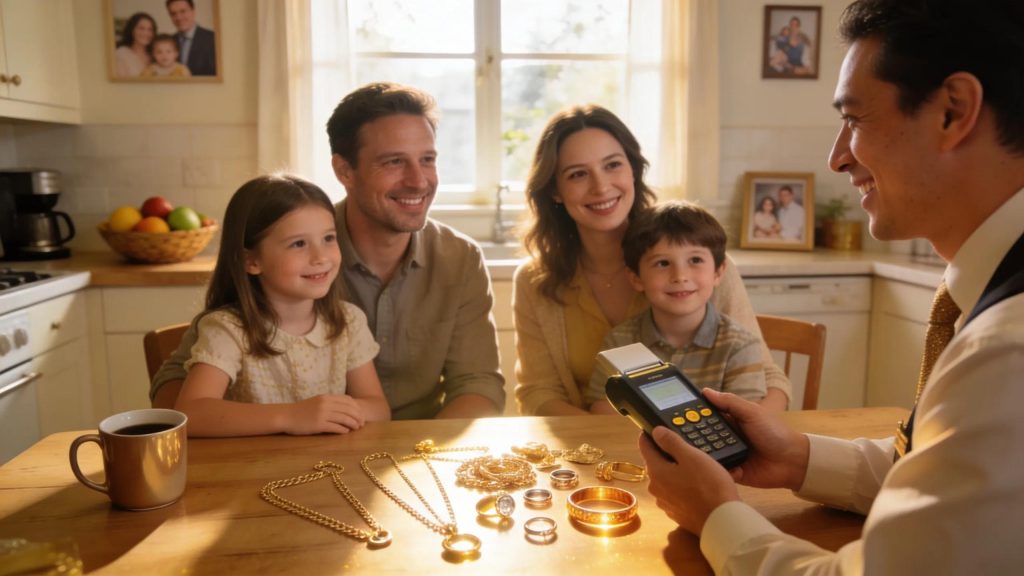 Family discussing gold valuation with a mobile gold buyer at home in Modbury