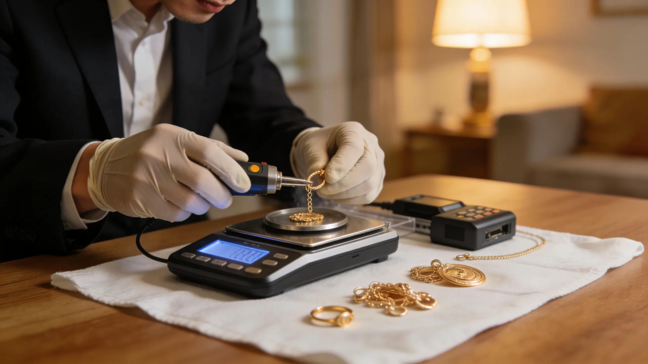 Mobile gold buyer conducting a gold appraisal at a client's home